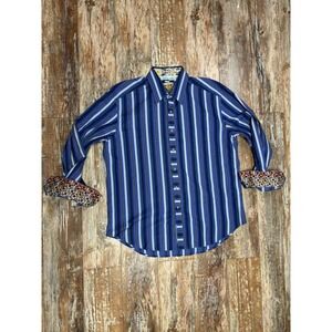 Mens Robert Graham Flip Cuff Button Up Long Sleeve Dress Shirt Size XL Blue